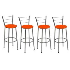 Imagem de Kit 4 Banquetas Altas Cromada com Encosto Assento Laranja