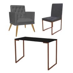 Imagem de Kit Escritório Stan Poltrona Maria com Cadeira e Mesa Industrial Preto Bronze Tecido Sintético Cinza - Ahz Móveis