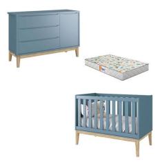 Imagem de Berço Americano e Cômoda New Classic Azul com Pés Madeira Natural e Co