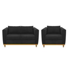 Imagem de Kit Sofá 2 Lugares e Poltrona Europa Suede Preto AM Decor