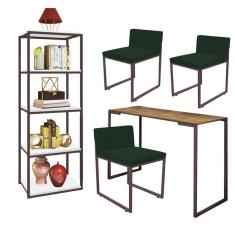 Imagem de Kit Escritório Ravi 3 Cadeiras Suede Verde com 1 Mesa e 1 Livreiro Ferro Marrom MDF Caramelo - Ahazzo Móveis
