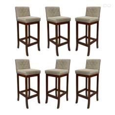 Imagem de Kit 6 Banquetas Alta de Madeira Maciça Tóquio com Encosto Matelassê Suede Bege CCS