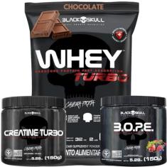 Imagem de Whey Protein + Creatina Monohidratada + Pré-Treino - Kit Whey Protein Concentrado + Creatina Monohidratada Turbo 150g + Pré-Treino B.O.P.E 150g - Black Skull (Whey Turbo Chocolate