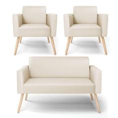 Imagem de Sofá Namoradeira Com 2 Poltronas Pés Palito Natural Marisa Corino Bege D03 - D`rossi