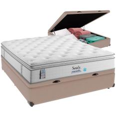 Imagem de Cama Box Baú Bege e Colchão Confort Gel Molas Ensacadas com Pillow Top Casal Sealy