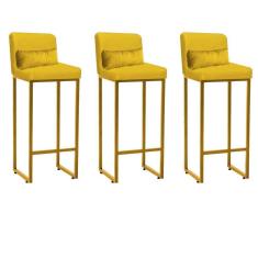 Imagem de Kit 03 Banqueta Alta com Encosto Lucca Industrial Cozinha Balcão Ferro Dourado Sintético Amarelo e Almofada Amarelo - Ahazzo Móveis