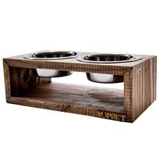 Imagem de Comedouro Duplo De Madeira Com Potes Inox Para Gatos E Cachorros Marrom