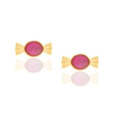 Imagem de Brinco Infantil Folheado A Ouro 18K Com Aplicação Em Resina Rosa Escur