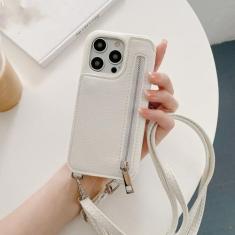 Imagem de Capa de telefone com zíper carteira espelho de maquiagem crossbody cordão para iPhone 14 Pro Max 13 12 11 XR XS 7 8 Plus capa de couro com bolso para cartão, branca, para iPhone14 Pro Max