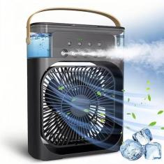 Imagem de Ventilador Portátil de Mesa Mini Ar Condicionado Umidificador Climatizador com Tanque de água De 600ml, 3 Velocidades de Vento e Pulverizador de 5 Furos com Luz LED de 7 Cores (Preto)