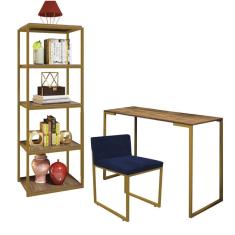 Imagem de Kit Escritório Ravi 1 Cadeira Suede Azul Marinho com 1 Mesa e 1 Livreiro Ferro Dourado MDF Caramelo - Ahazzo Móveis