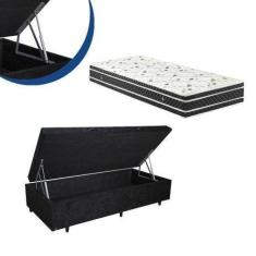 Imagem de Cama Box Baú Solteiro Colchão Espuma D33 Bordado + Box Suede Preto 53X