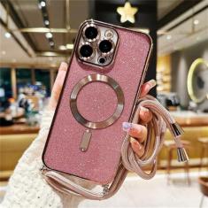 Imagem de Glitter crossbody cordão magnético caso para iphone 15 14 plus 13 12 11 pro max galvanizado macio tpu capa traseira, rosa, para iphone 14 pro