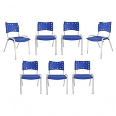 Imagem de Kit 7 Cadeiras Iso Para Escola Escritório Comércio Azul Base Branca