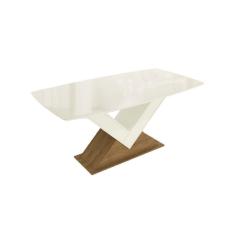 Imagem de Mesa p/ Cozinha Amora c/ Tampo Madeirado c/ Vidro 90x170cm Freijo/Off White/Vidro Off White - Kappesberg