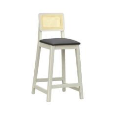 Imagem de Banqueta Gabi 68cm Altura Madeira Maciça Encosto Telinha Assento Estofado Corano Off White/Preto