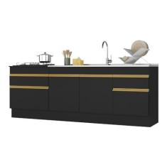 Imagem de Kit com 2 Balcões de Cozinha 150cm e 70cm com Rodapé Veneza Multimóveis V2108 Preto/dourado