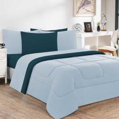 Imagem de Kit Edredom + Jogo De Lençol Malha 100% Algodão Gran Moratta 6 Peças King - Azul Bebê-azul Petróleo