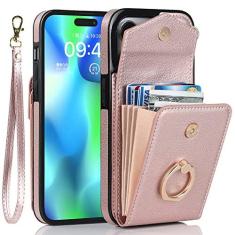 Imagem de LBYZCASE Capa carteira compatível com iPhone 14 Pro 6,1", suporte de anel de dedo com rotação de 360°, suporte de cartão de pulso, capa de couro protetora à prova de choque para Apple iPhone 14 Pro