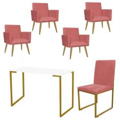 Imagem de Kit Escritório Stan 4 Poltronas com Cadeira e Mesa Industrial Tampo Branco Dourado Suede Rose Gold - Ahz Móveis