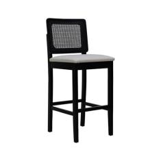 Imagem de Banqueta Alta Bistrô Lyon Madeira Maciça Encosto Telinha Assento Estofado Corano Preto/Bege