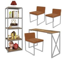 Imagem de Kit Escritório Bex 3 Cadeiras Suede Terracota com 1 Mesa e 1 Livreiro Ferro Cinza MDF Freijó - Ahazzo Móveis