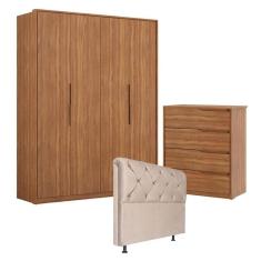 Imagem de Guarda Roupa Attore 4 Portas e Cômoda Atria Amêndola com Cabeceira Daiana 160 cm Marfim – Demartêz