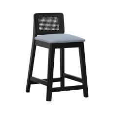 Imagem de Banqueta Média Gabi Madeira Maciça Telinha - Preto Assento Estofado Linho Cinza Mescla Impermeável