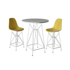 Imagem de Jogo Mesa Bistrô Eames Branca 60Cm 2 Banquetas Amarela Base Ferro Branco - Cor: Branco