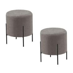 Imagem de Conjunto - 2 Puffs Banqueta Odim Base Metálica Preta Luxo Linho Cinza