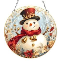 Imagem de MATIHAY Lindo boneco de neve de desenho animado placas de parede de Natal para quarto e sala de estar, enfeites de acrílico para pendurar na janela de boneco de neve aquarela, presente (chapéu