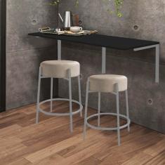Imagem de Kit Mesa Suspensa de Parede Fixa MDF Preto + 2 Banquetas Sintra Ferro Prata Sintético Bege - Ahazzo Móveis