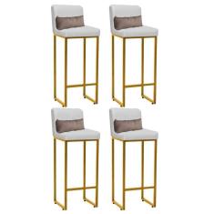 Imagem de Kit 04 Banqueta Alta com Encosto Lucca Industrial Cozinha Balcão Ferro Dourado Corino Branco e Almofada Bege - Ahazzo Móveis