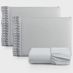 Imagem de Jogo de Lençol Casal Suave Barrado Lese 3 Peças Barato - Cinza