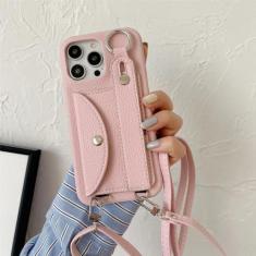 Imagem de Capa de telefone crossbody com alça de pulso para iPhone 13 12 Mini 15 14 11 Pro XS Max XR 7 8 Plus Porta-cartões Capa de couro com cordão, rosa, para iPhone 14Pro Max