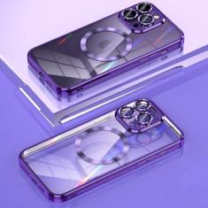 Imagem de Capa de TPU macia com revestimento magnético de carga sem fio para iPhone 14 Plus 13 12 11 Pro Max Capa de filme de vidro de proteção de lente, roxa, para iPhone 14Pro Max