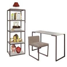 Imagem de Kit Escritório Ravi 1 Cadeira Suede Bege com 1 Mesa e 1 Livreiro Ferro Marrom MDF Marmorizado Cinza - Ahazzo Móveis