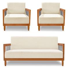 Imagem de Kit 2 Poltronas E Sofá Living 2 Lugares Marilia 1,60m Linho Base Em Madeira Castanho - Pallazio Cor Bege