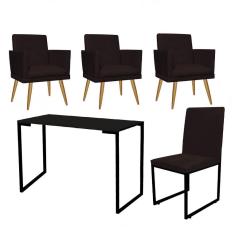 Imagem de Kit Escritório Stan 3 Poltronas Rodapé com Cadeira e Mesa Industrial Tampo Preto Suede Marrom - Ahz Móveis