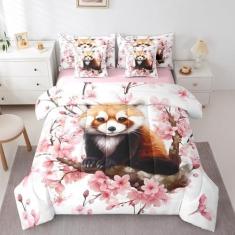 Imagem de Conjunto de cama de panda vermelho em uma bolsa, 7 peças, rosa flor de cerejeira japonesa, flores românticas japonesas, estampa kawaii, animal selvagem, edredom com elástico, lençol de cima, fronha,