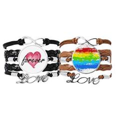 Imagem de DIYthinker Stippling Pulseira LGBT arco-íris gay lésbica alça de mão corda de couro Forever Love pulseira conjunto duplo