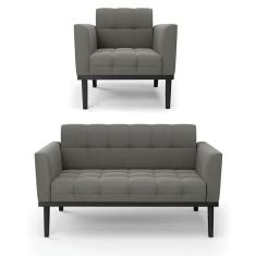 Imagem de Sofá Namoradeira E Poltrona Base De Madeira Preto Elisa Suede D03 - D`rossi Cor Grafite