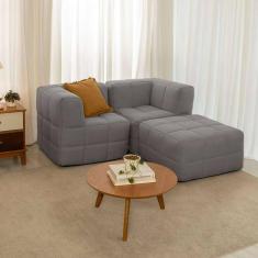 Imagem de sofá guldi popup com 2 módulos canto e puff linho cinza