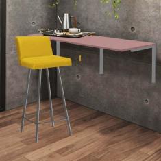 Imagem de Kit Mesa Suspensa de Parede Fixa MDF Rosa + 1 Banqueta Lexi Ferro Prata Sintético Amarelo - Ahazzo Móveis