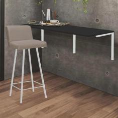 Imagem de Kit Mesa Suspensa de Parede Fixa mdf Preto + 1 Banqueta Lexi Ferro Branco Suede Bege - Ahazzo Móveis