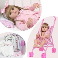 Imagem de Boneca Tipo Reborn Recém Nascida Fofa Completa 46cm Carrinho - Cegonha