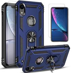 Imagem de STARSHOP Capa protetora para iPhone XR, com [protetor de tela de vidro temperado incluído], capa protetora de camada dupla à prova de choque de grau militar com suporte de anel de metal com rotação de