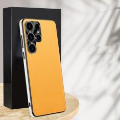 Imagem de Para Samsung S24 Ultra Capa de couro liso fosco para S21 S22 S23 S24 ULTRA com moldura protetora de lente Capa de borda em TPU, amarela, para S24 Plus