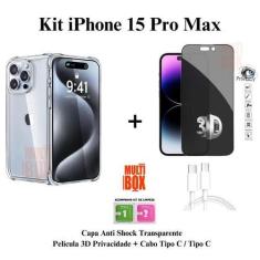 Imagem de Kit Capa + Película Privacidade 3D de Vidro + Cabo Carregador Tipo C -