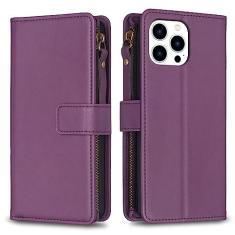 Imagem de Capa com alça de pulso para iPhone 15 Pro, 9 compartimentos para cartão, 1 carteira de couro com zíper, suporte flip com fecho magnético, capa para celular compatível com iPhone 15 Pro 5G 6,1